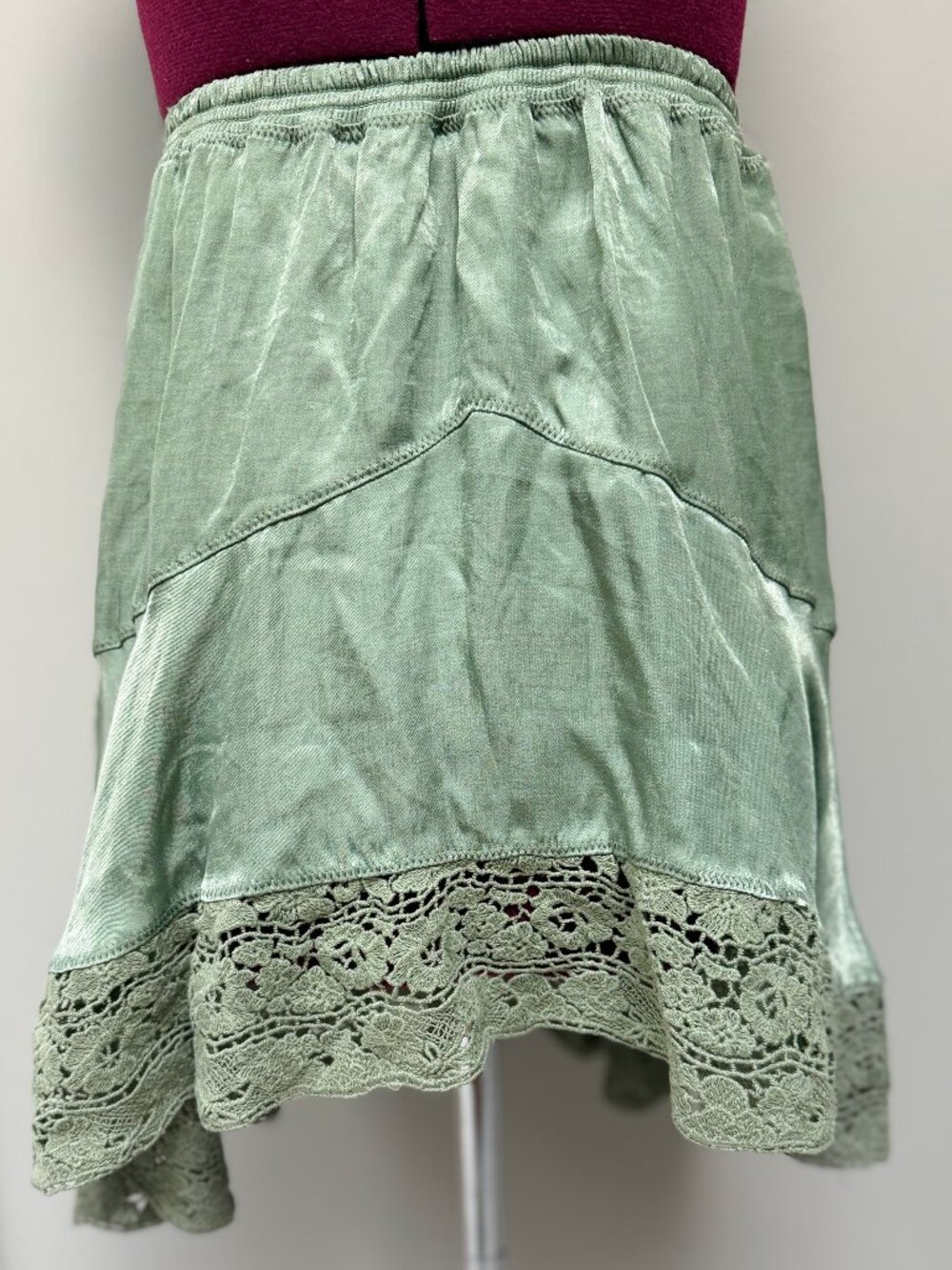 NWT Free People Moss Green Slip Skirt with Lace Hem - Size S
